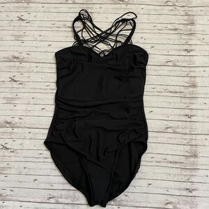 Miraclesuit Women One Piece Swimsuit Size 12 Black Solid Ruched Slimming Strappy